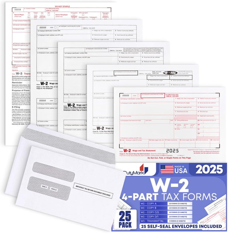 Dutymark W2 Forms 2025 with Envelopes, 4 Part Kit for 25 Employees of Laser W2 Tax Forms IRS-Compatible with 3 W3s, Compatible with Quickbooks Software, Includes 25 Self-Sealing Envelopes - Image 1